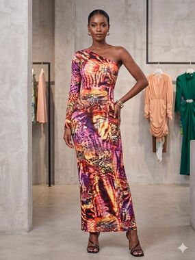 One-Shoulder Multi-Color Animal Print Maxi Dress